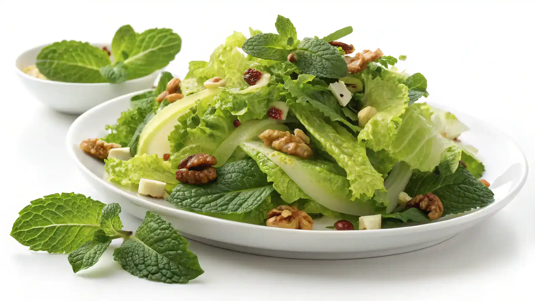 A plated minted greens salad, showcasing vibrant colors and textures.