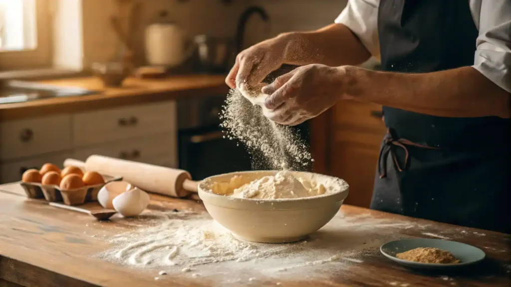 A baker's hands mixing batter in a bowl, with flour dust in the air.