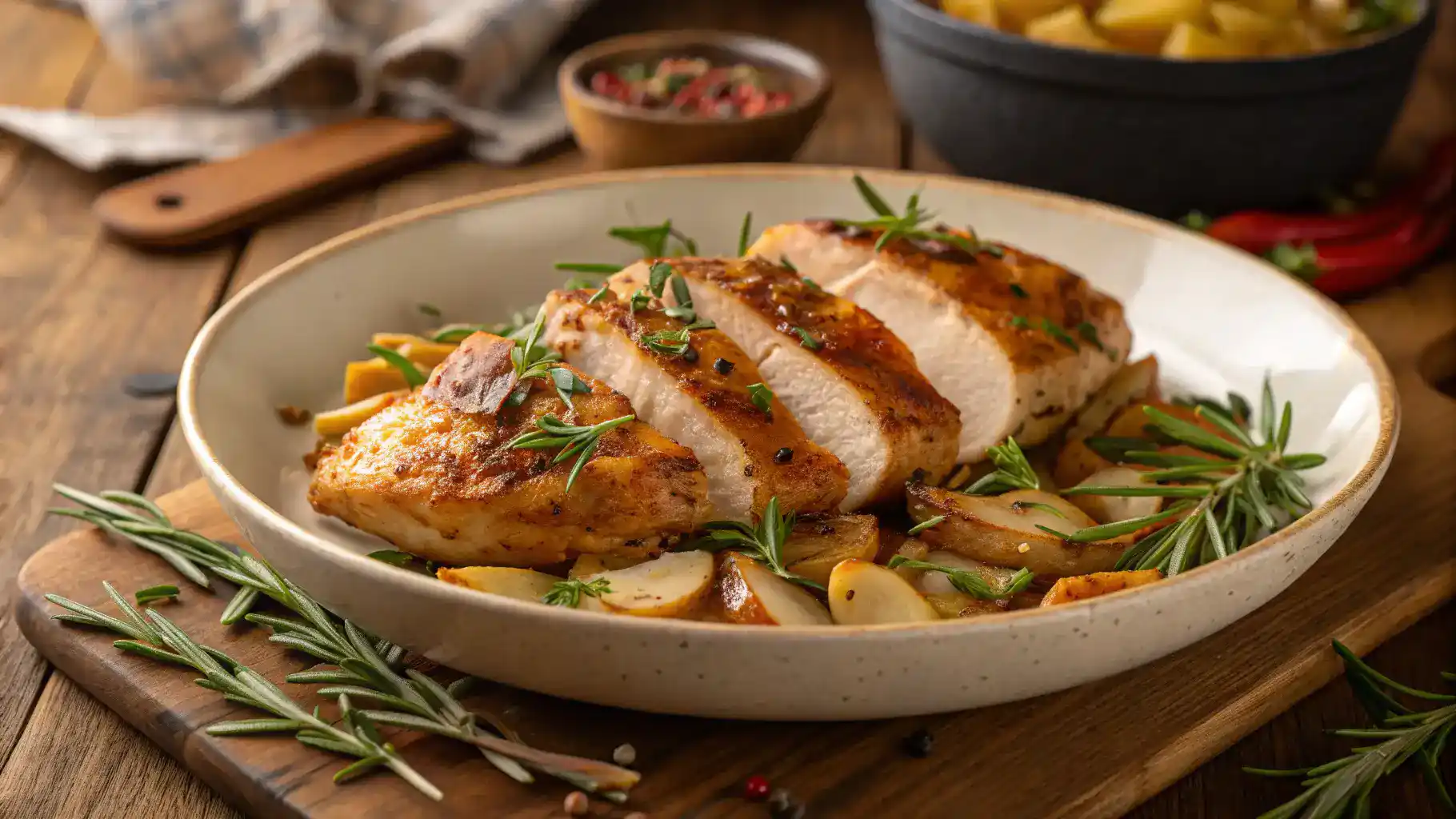 A delicious Chicken King dish with juicy chicken breasts garnished with fresh herbs.