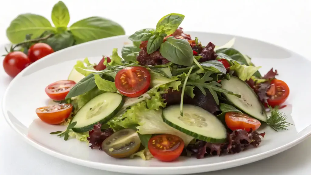 A beautifully plated mesclun salad with vibrant greens, cherry tomatoes, and garnished with fresh herbs.