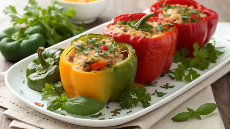 A beautifully plated dish of sweet peppers garnished with fresh herbs.
