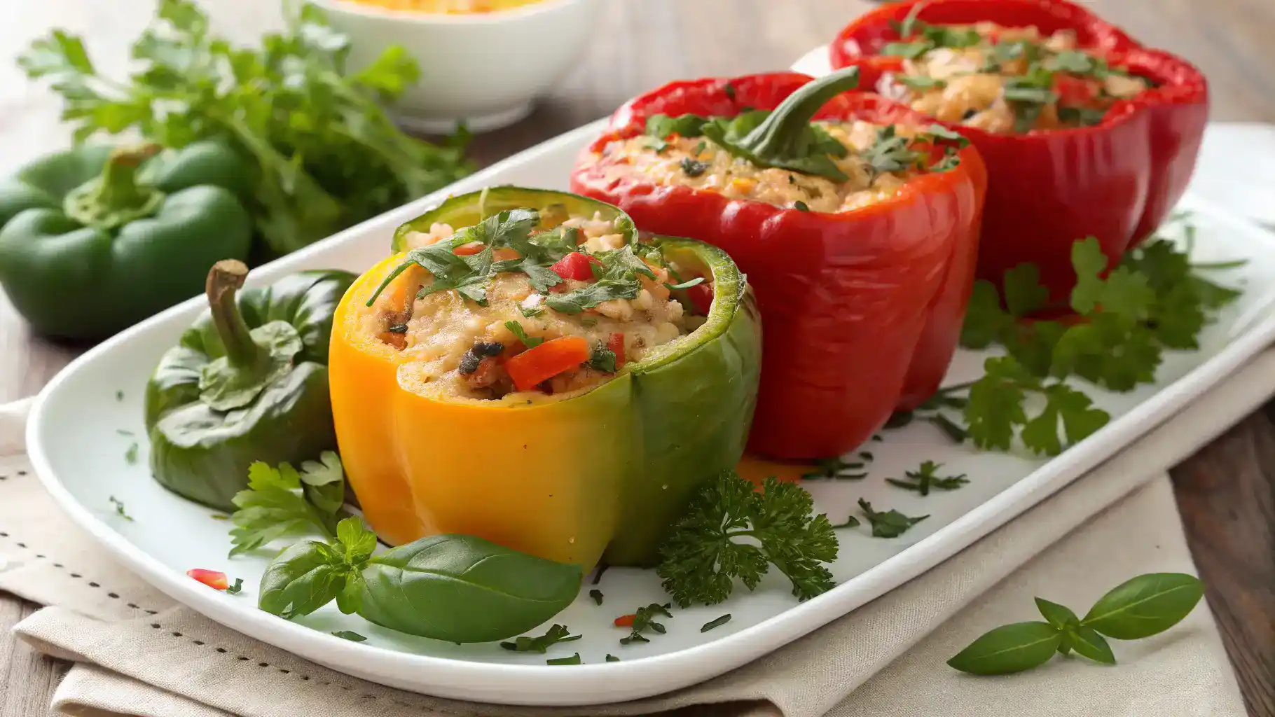 A beautifully plated dish of sweet peppers garnished with fresh herbs.