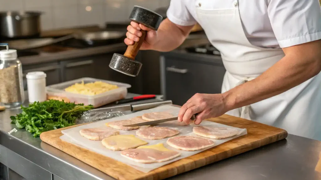 A chef pounding chicken breasts to make chicken paillard.