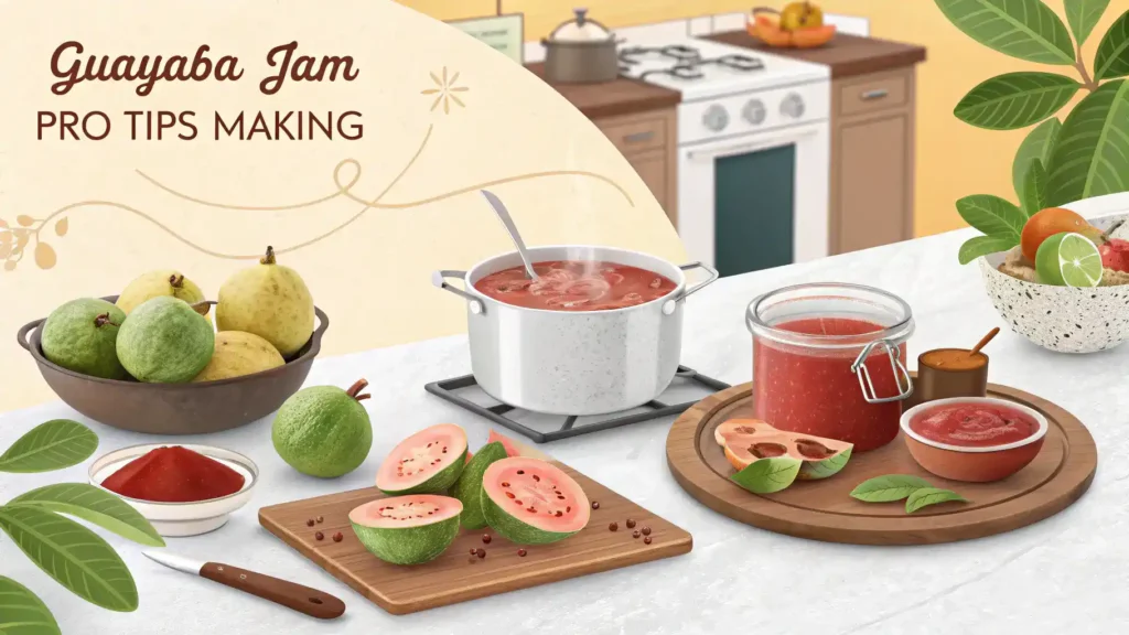 Pro tips for making guayaba jam, featuring ripe guayabas and cooking techniques.