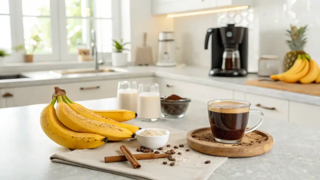 Pro tips for making banana coffee, including ripe bananas and freshly brewed coffee.