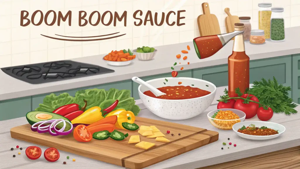 Pro tips for making Boom Boom Sauce displayed in a kitchen.