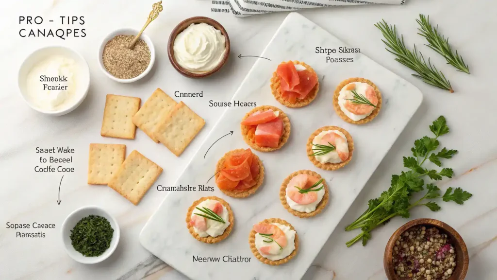 Pro tips for making canapes, showcasing different textures and preparation techniques.