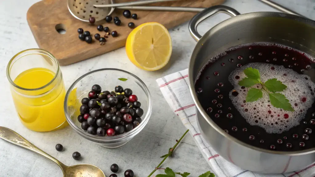 Pro tips for making creme de cassis with ripe blackcurrants and a simmering pot.