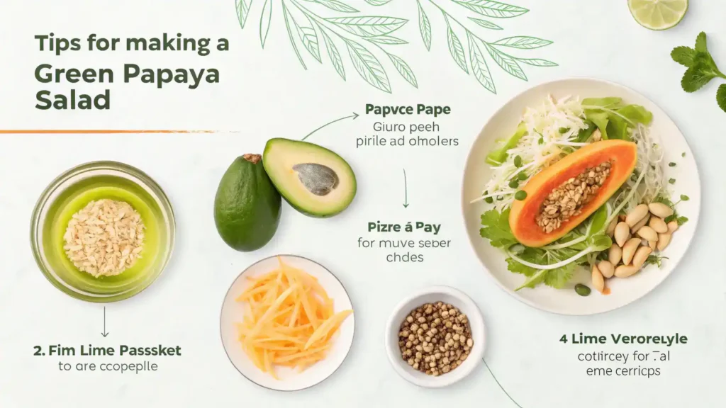 Pro tips for making a green papaya salad displayed visually.