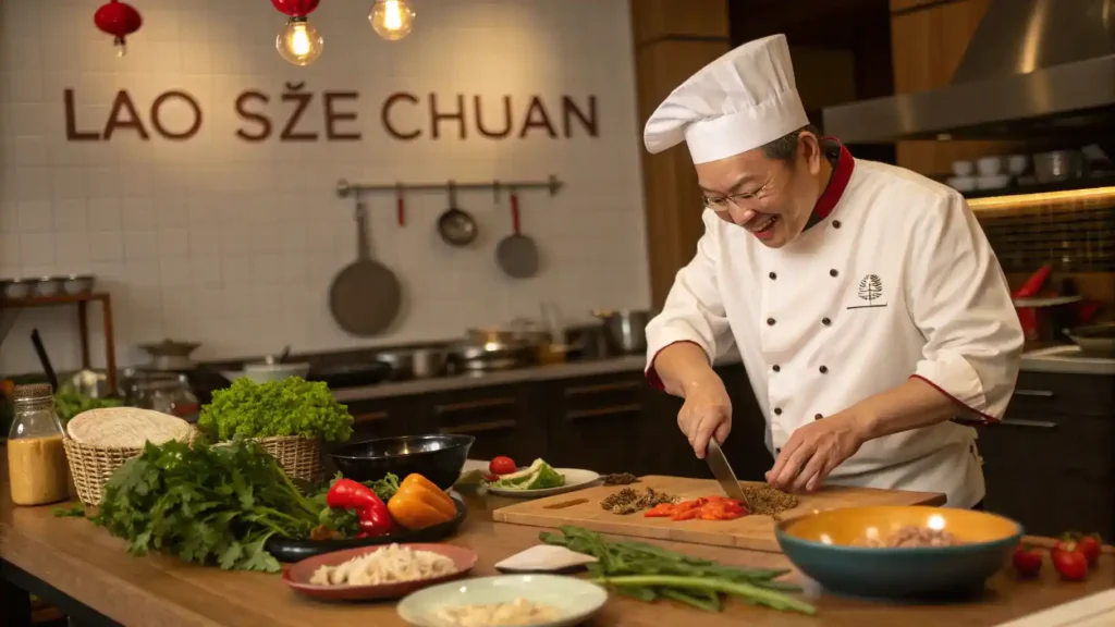 Chef sharing pro tips for making Lao Sze Chuan.