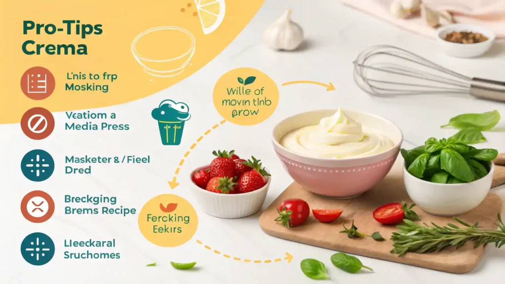 Pro tips for making a media crema recipe, including fresh ingredients and seasoning suggestions.