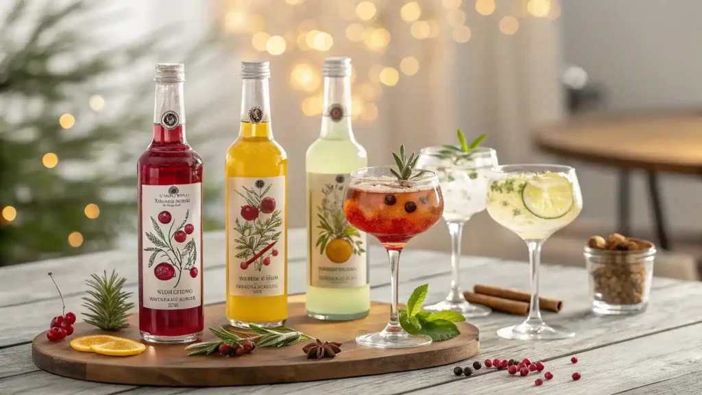 A collection of schnapps drinks served in various styles with creative garnishes and presentations.
