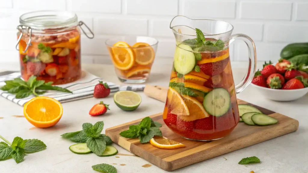 Pro tips for making a Pimms mocktail displayed with fresh ingredients.