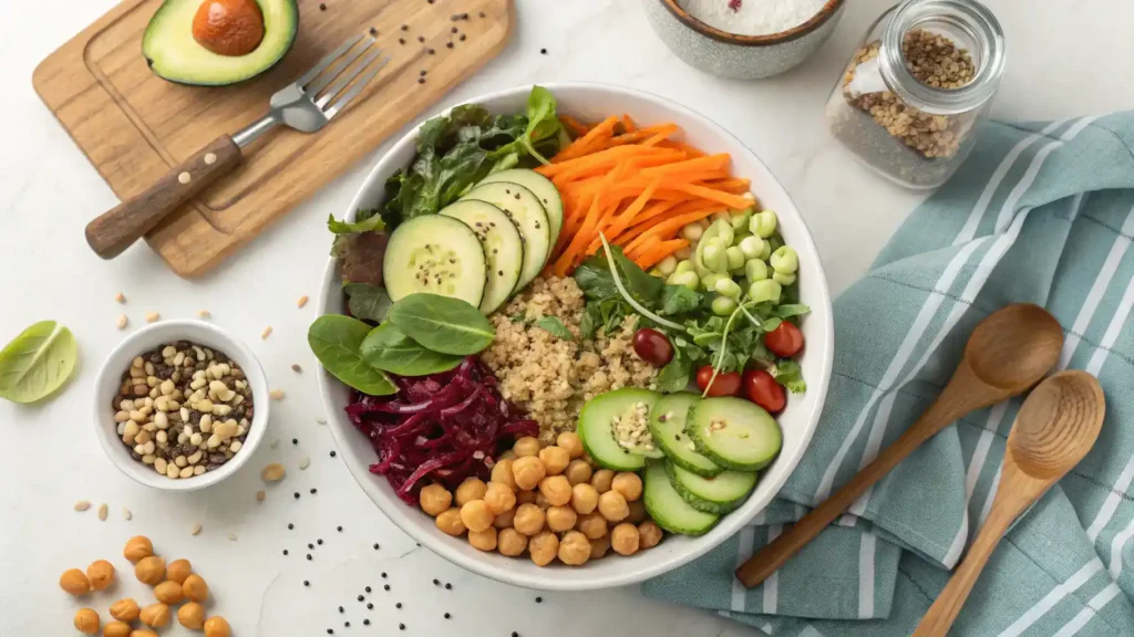Pro tips for making a Yummy Bowl, including fresh vegetables and grains displayed attractively.