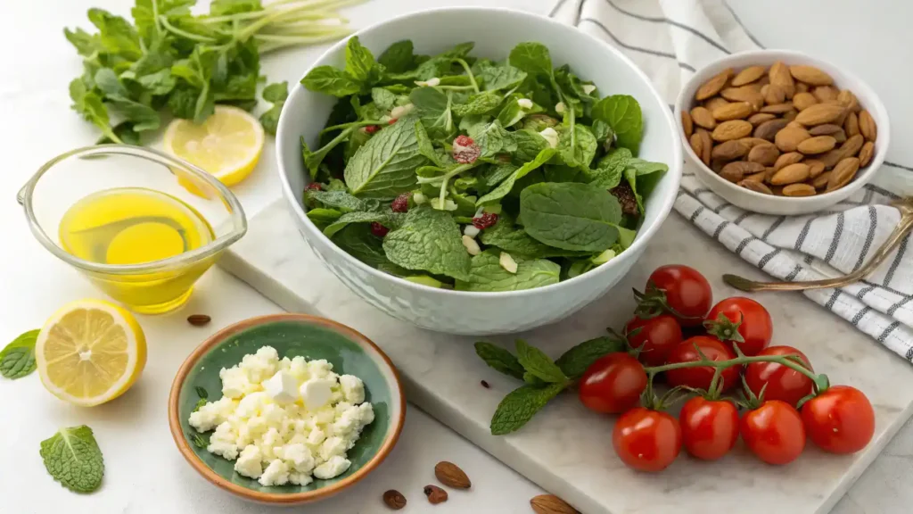 Pro tips for making a minted greens salad with fresh herbs and ingredients.