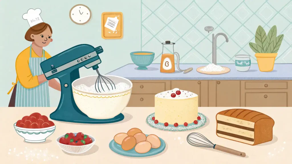 Pro tips for baking a perfect cake displayed with ingredients.