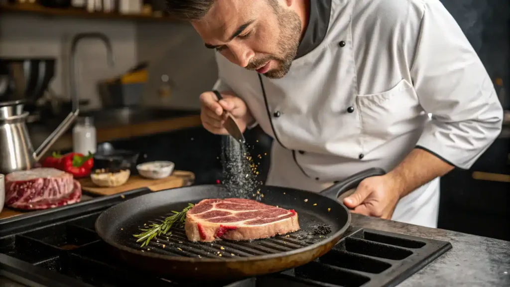 A chef seasoning and preparing ribeye steak on a grill.