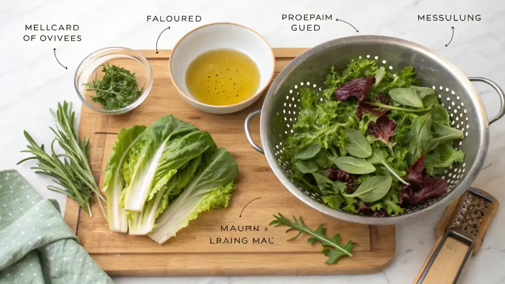 Visual tips for making a perfect mesclun salad, including washing greens and dressing options.