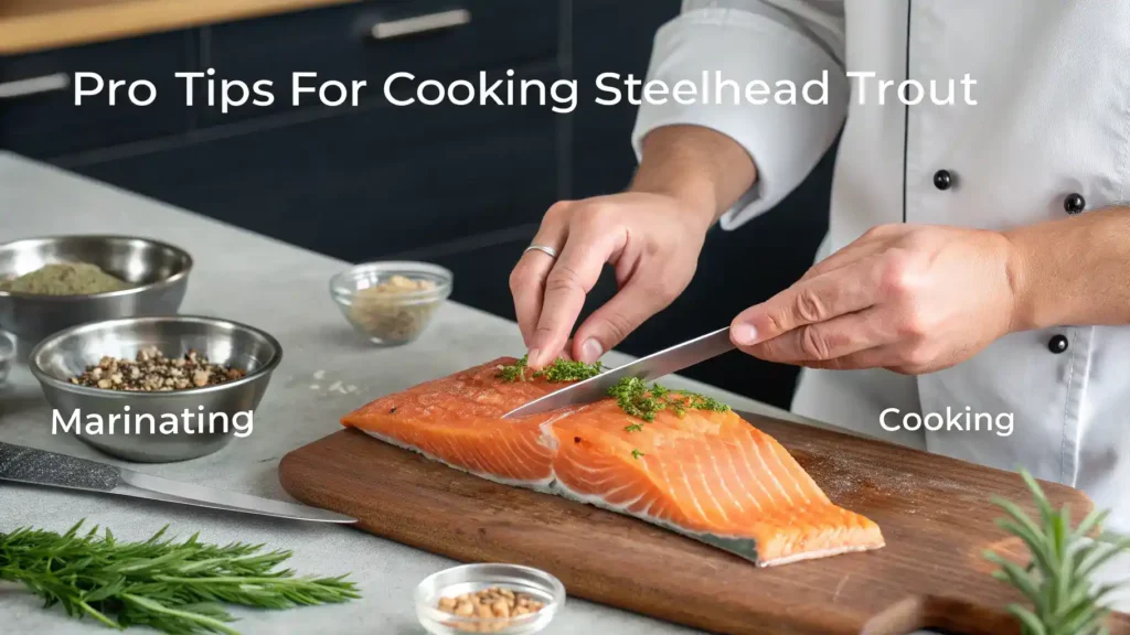A chef preparing steelhead trout with pro tips for cooking techniques.