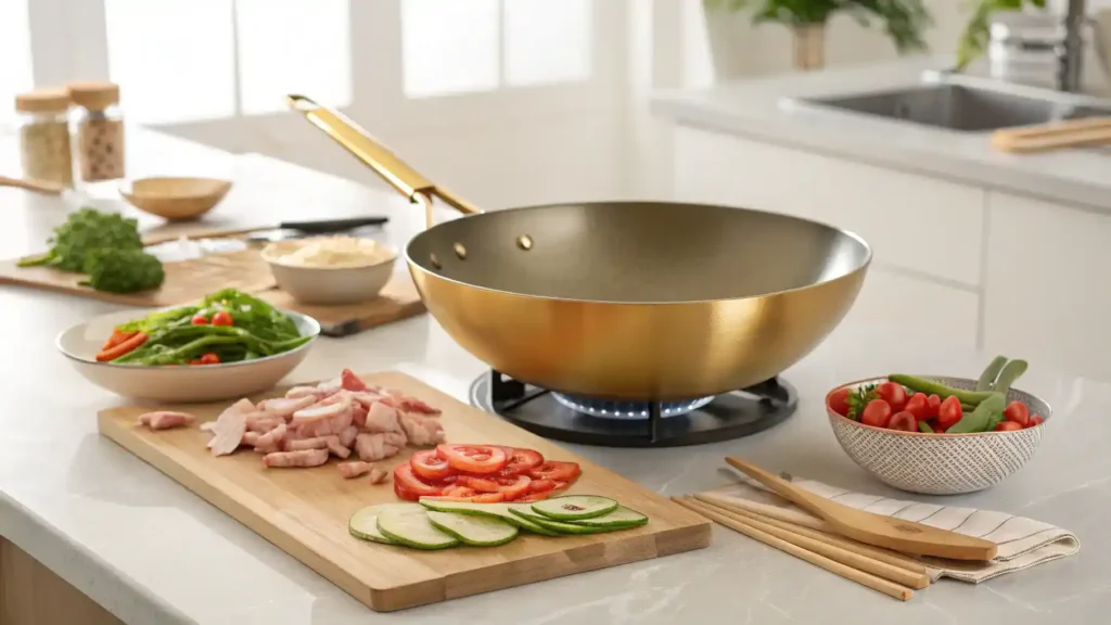 A chef demonstrating pro tips for stir-frying with a golden wok and fresh ingredients.