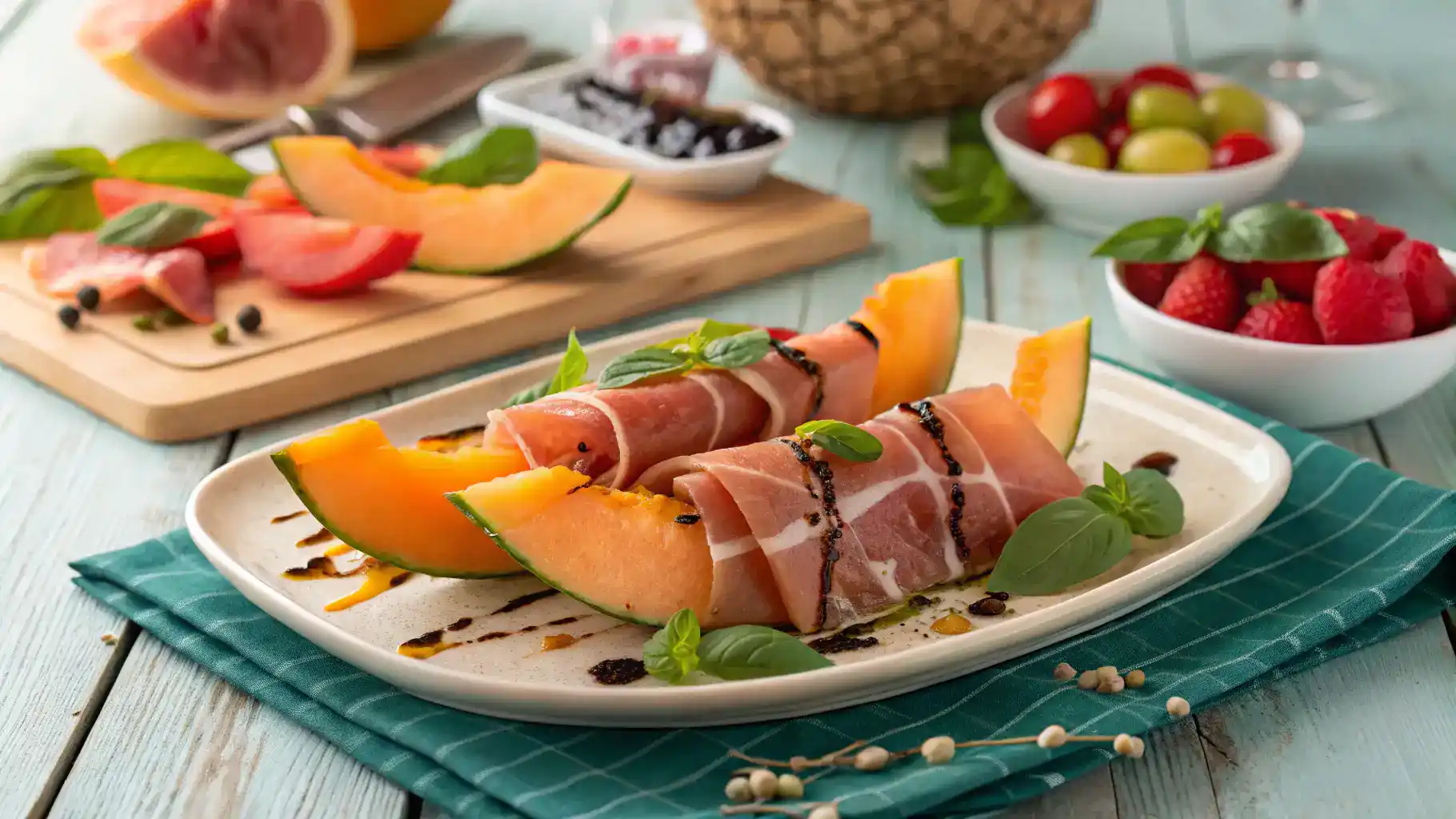 A beautifully plated prosciutto e melone dish served on a rustic table, garnished with fresh herbs.