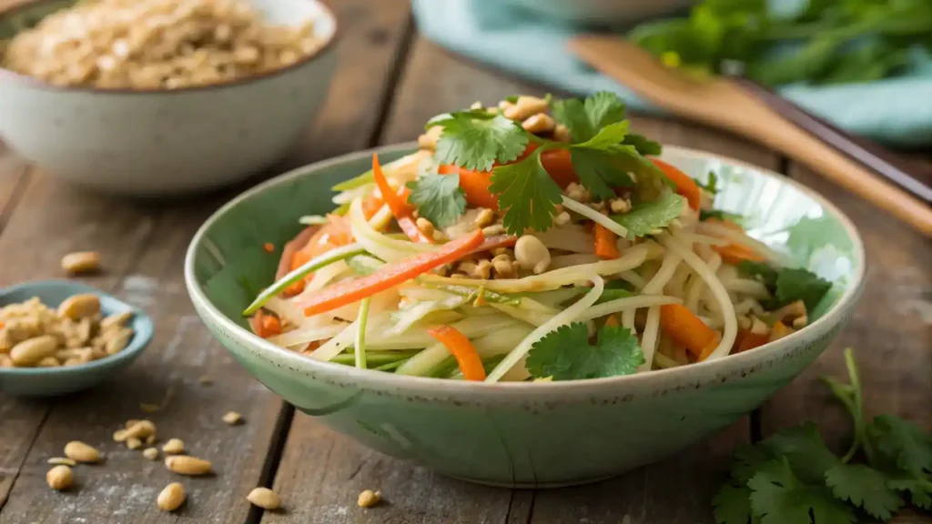 A beautifully plated green papaya salad garnished with peanuts and cilantro.