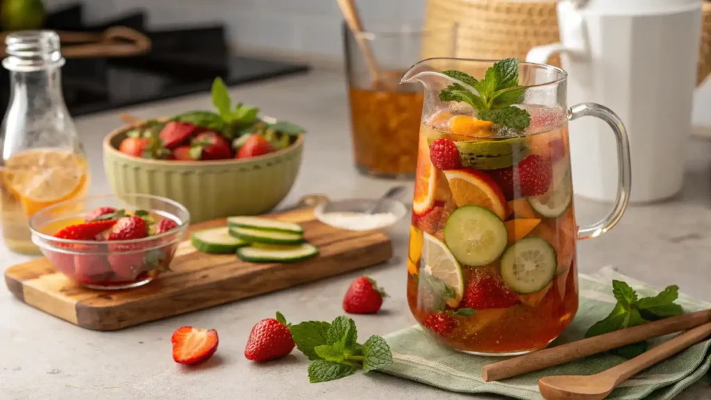 A pitcher of Pimms mocktail filled with fresh fruits and mint leaves, ready to be served.