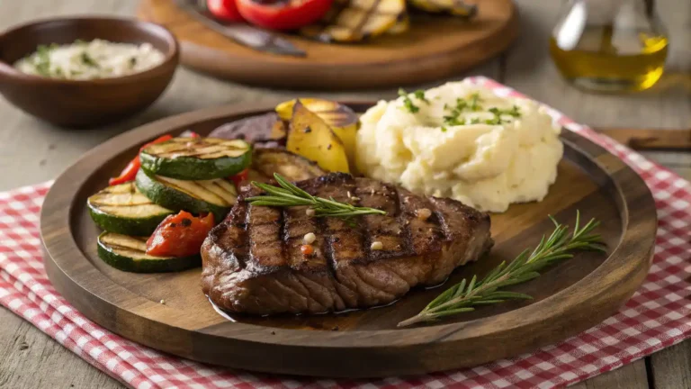 A plated ribeye steak with sides of mashed potatoes and grilled vegetables.