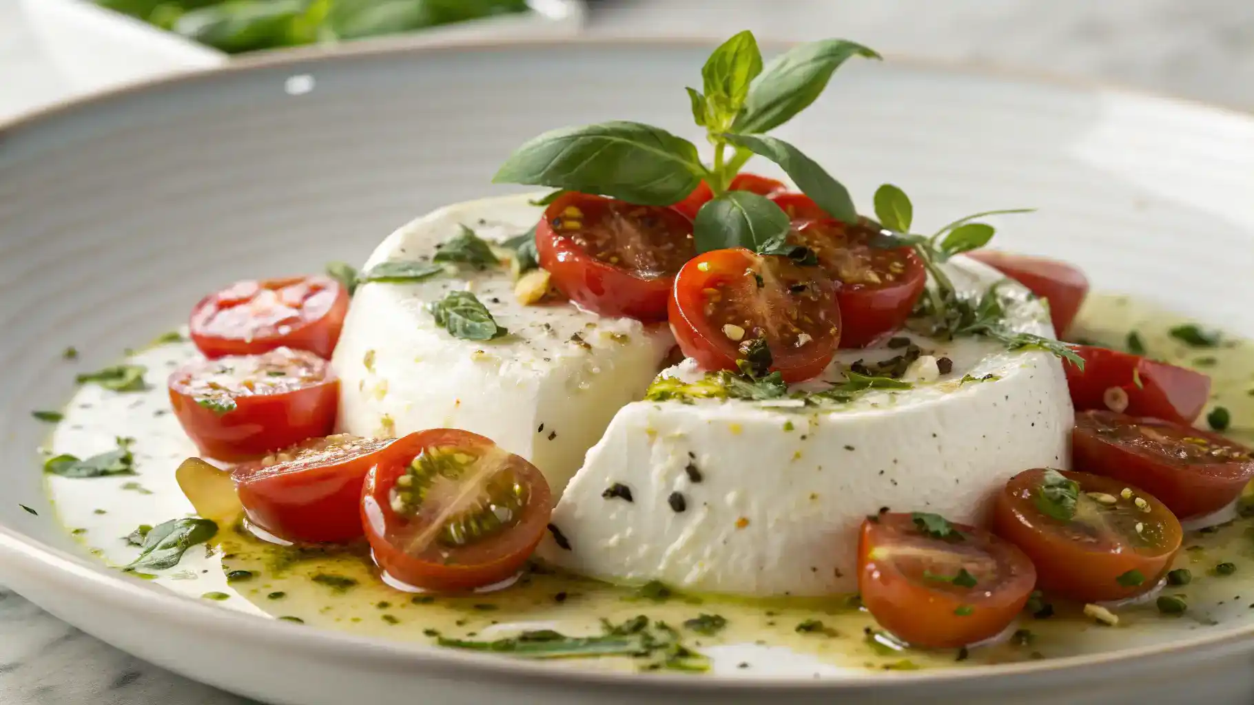A delicious dish featuring ricotta salata, garnished with herbs and tomatoes.
