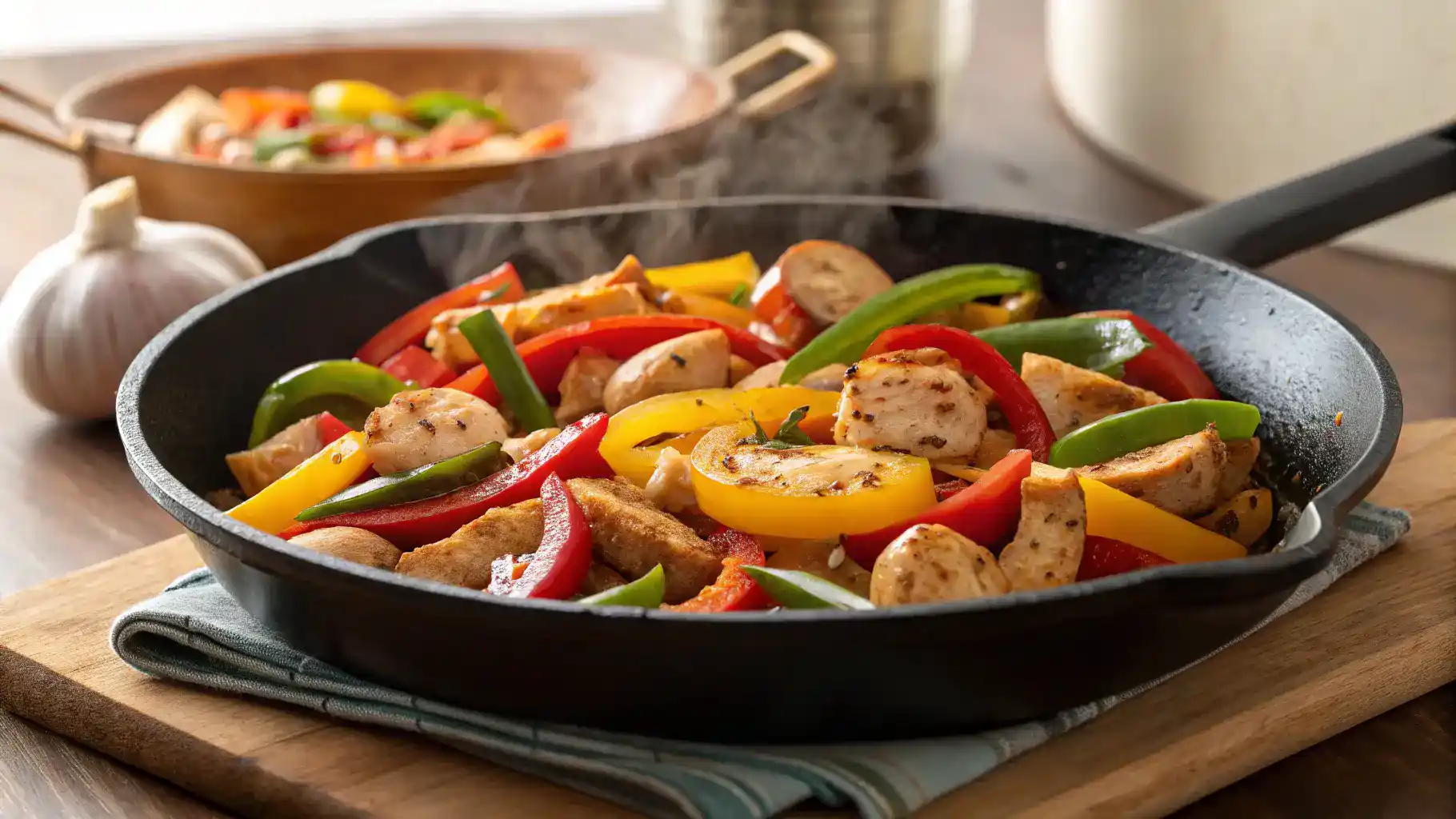 A colorful dish of sautéed sweet peppers with garlic and protein in a skillet.