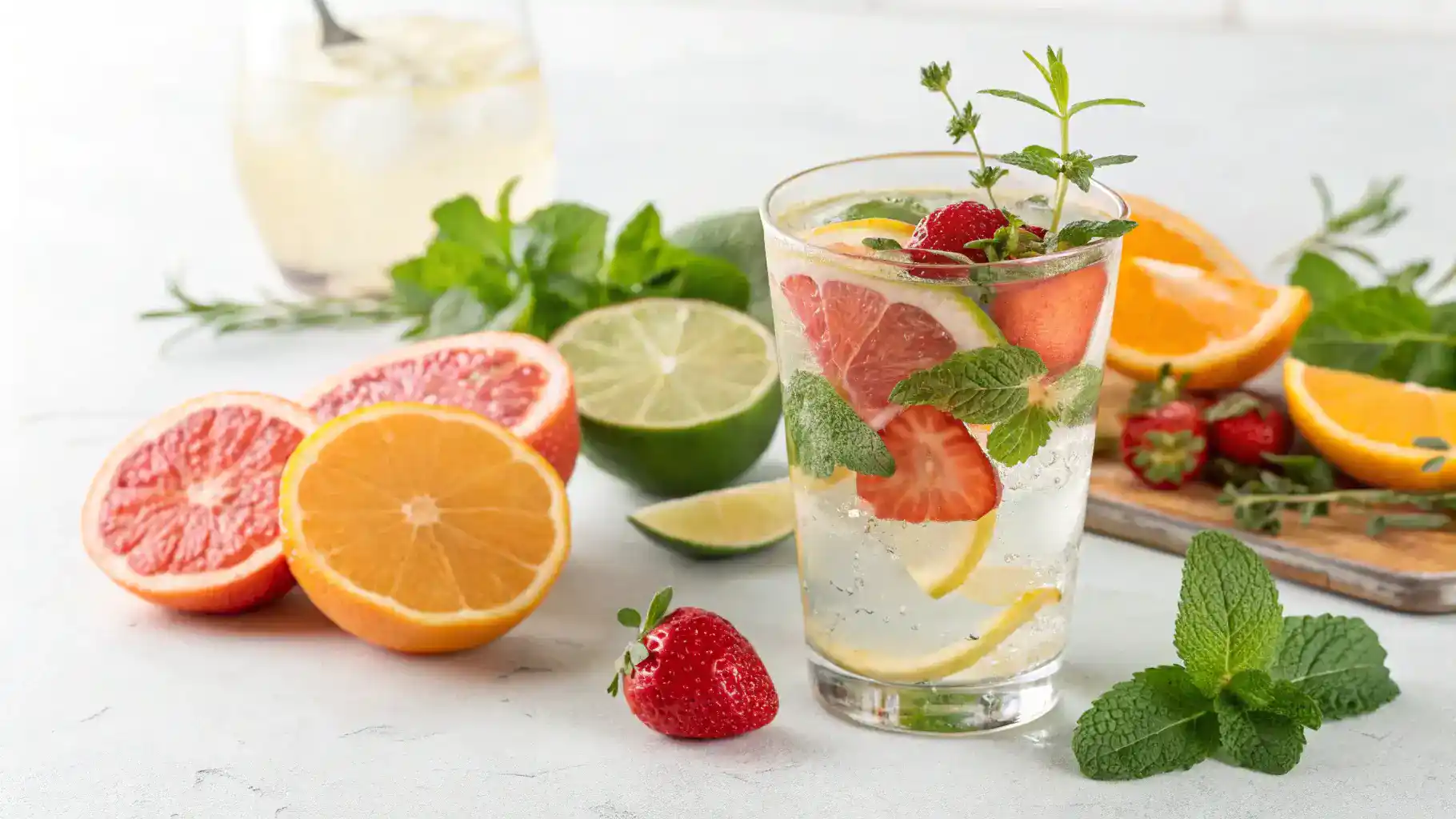 A beautifully presented glass of schnapps garnished with fresh fruits and herbs, ready to be enjoyed.