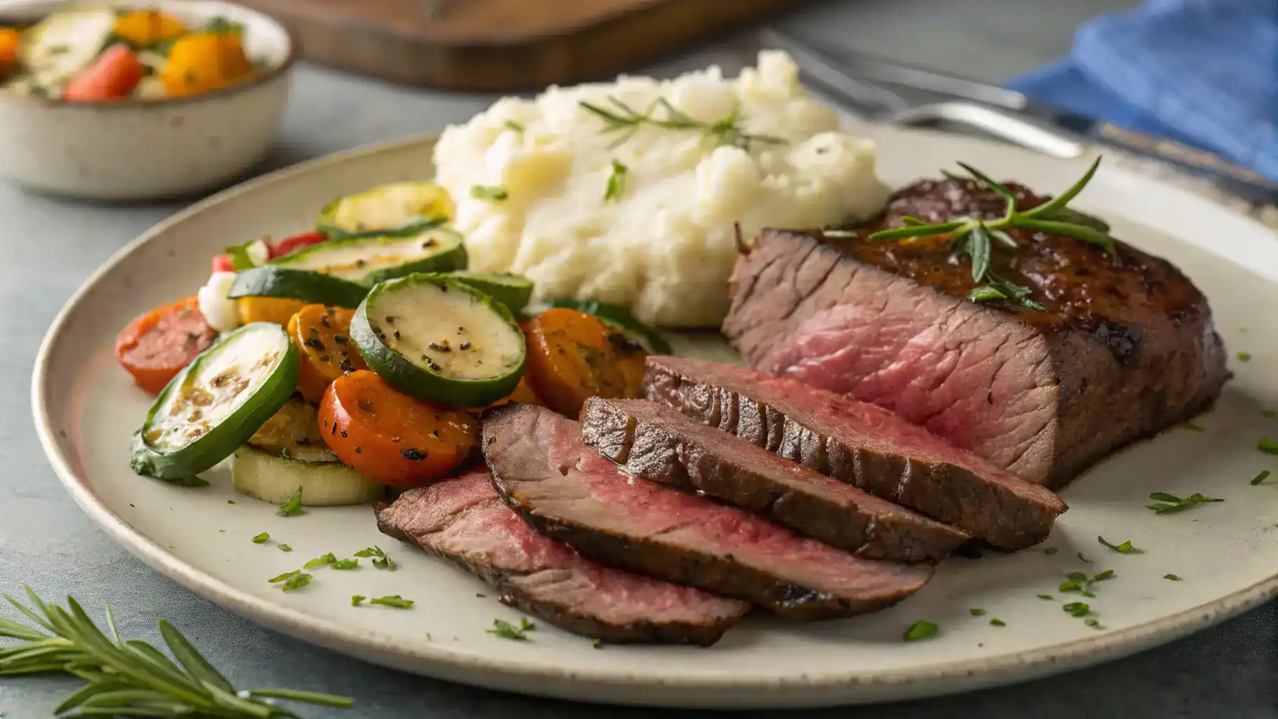 Sliced sirloin tip steak served with mashed potatoes and vegetables.