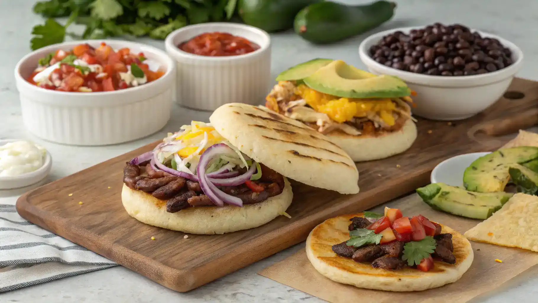 Different serving ideas for arepas made with harina pan, featuring toppings like avocado, salsa, and side dishes.