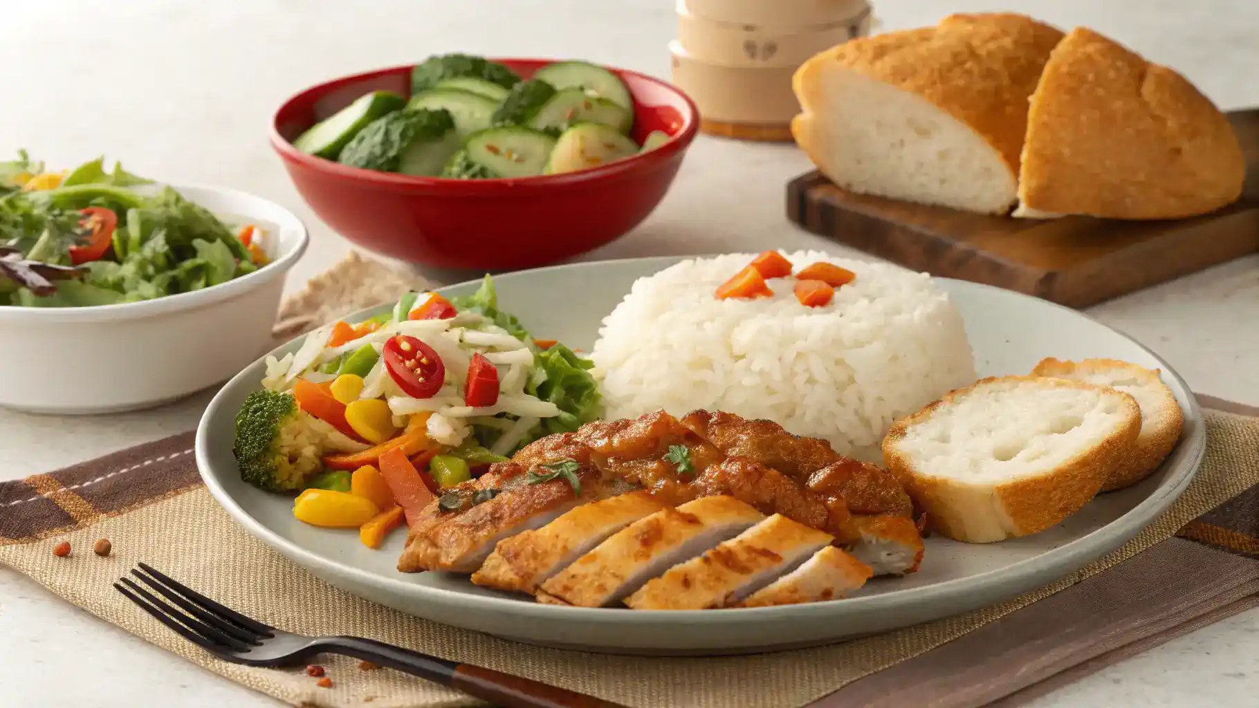 Serving suggestions for Chicken King including rice, salad, and roasted vegetables.