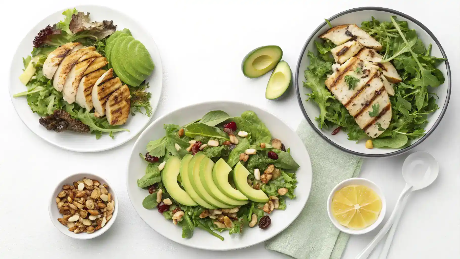 Different serving suggestions for mesclun salad, including toppings and dressings.