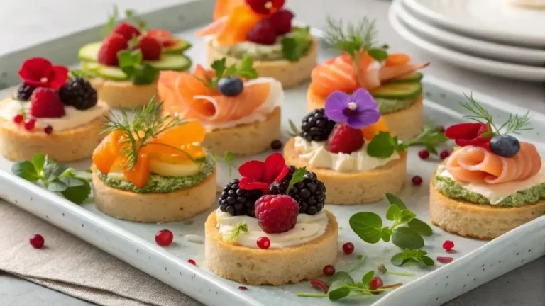A platter of beautifully arranged canapes, showcasing a variety of toppings and bases.
