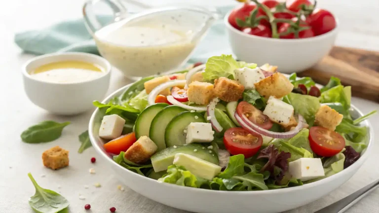 A stunning salad presentation with vibrant colors and textures, topped with fresh herbs and a light dressing.