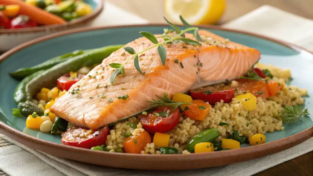 A beautifully plated steelhead trout dish served with quinoa and colorful vegetables.