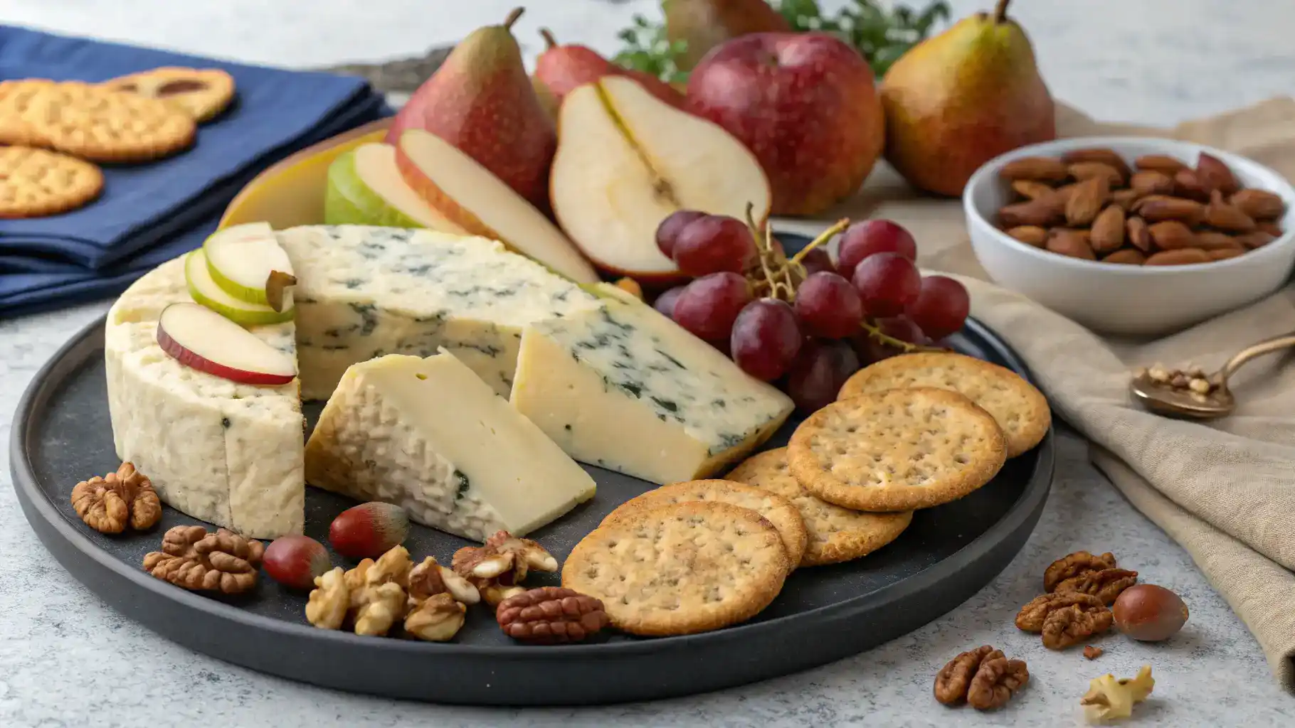 A gourmet cheese platter featuring stilton cheese, fresh fruits, and nuts.