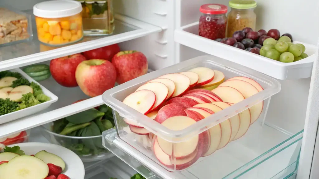 Leftover Pink Lady apple slices stored in an airtight container in the refrigerator.