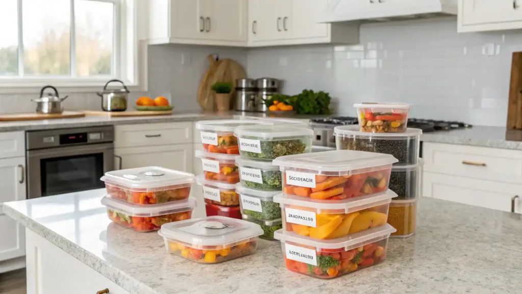 Leftovers of a sweet peppers dish stored in airtight containers.