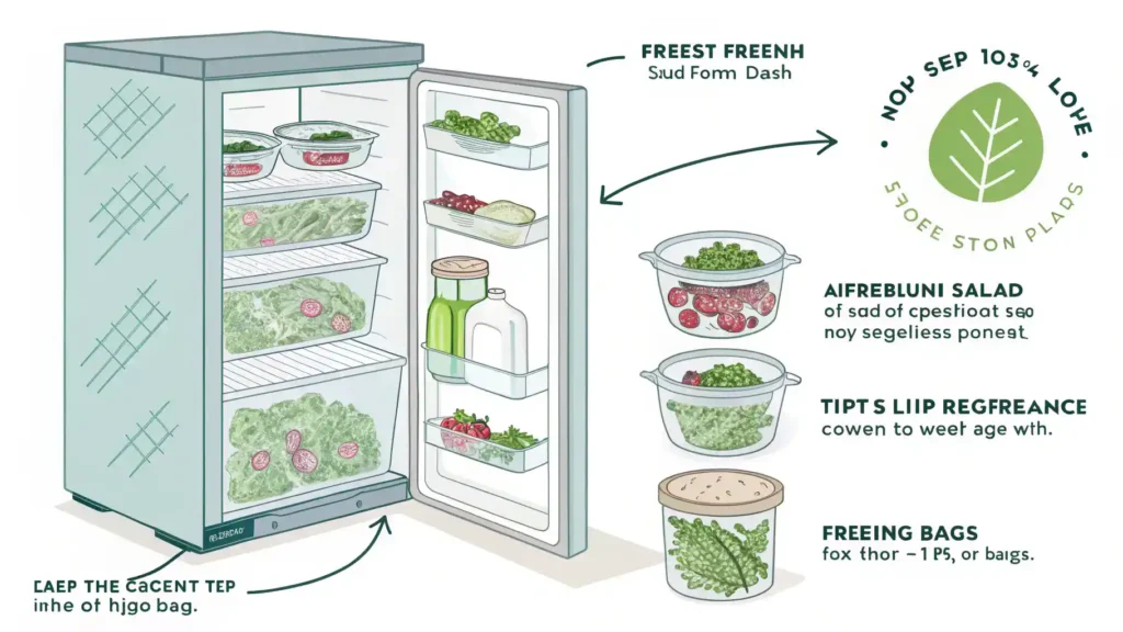 Visual guide on how to store mesclun salad leftovers properly.
