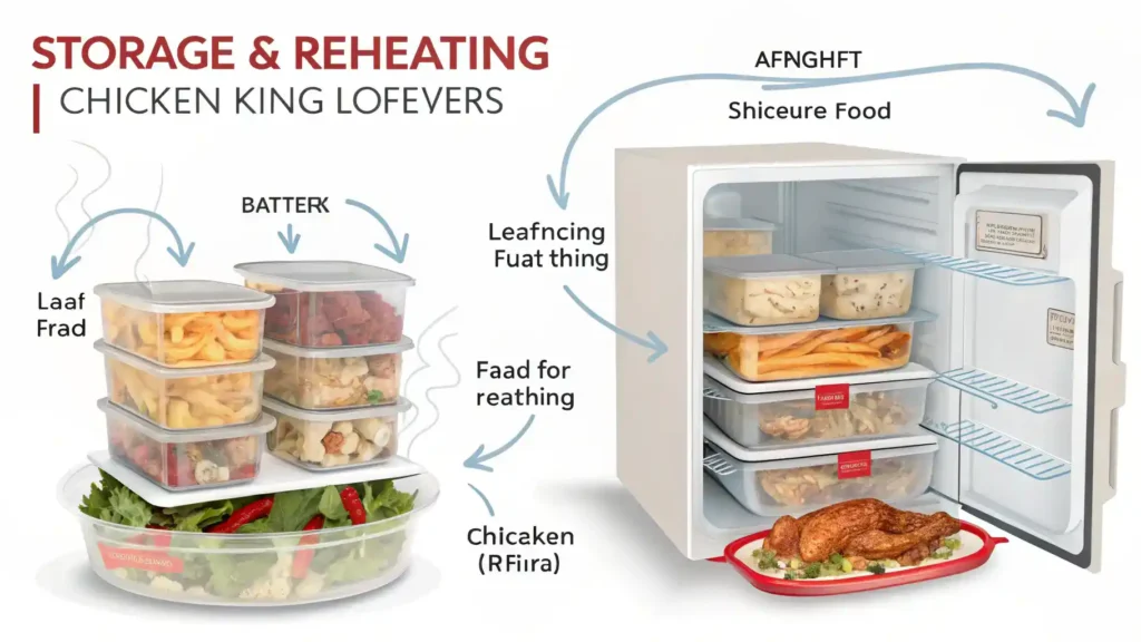 Storage and reheating process for Chicken King leftovers.