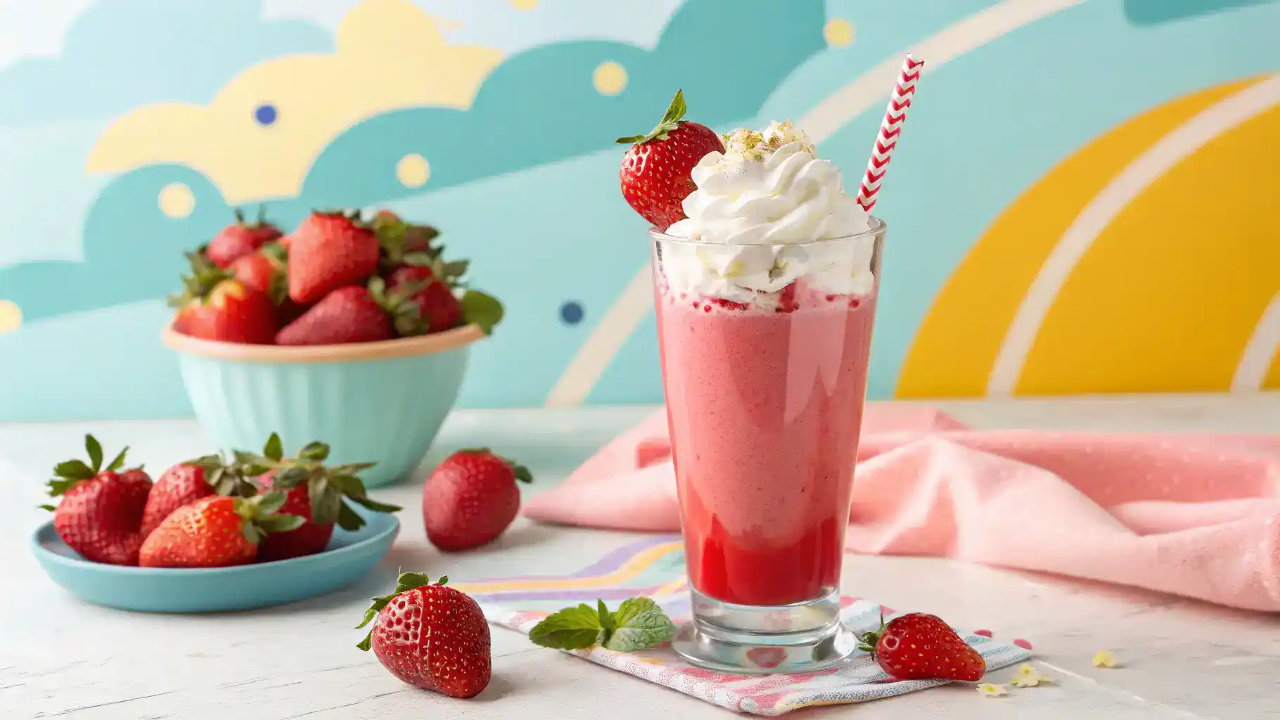 A refreshing glass of strawberry milk topped with whipped cream and strawberries.