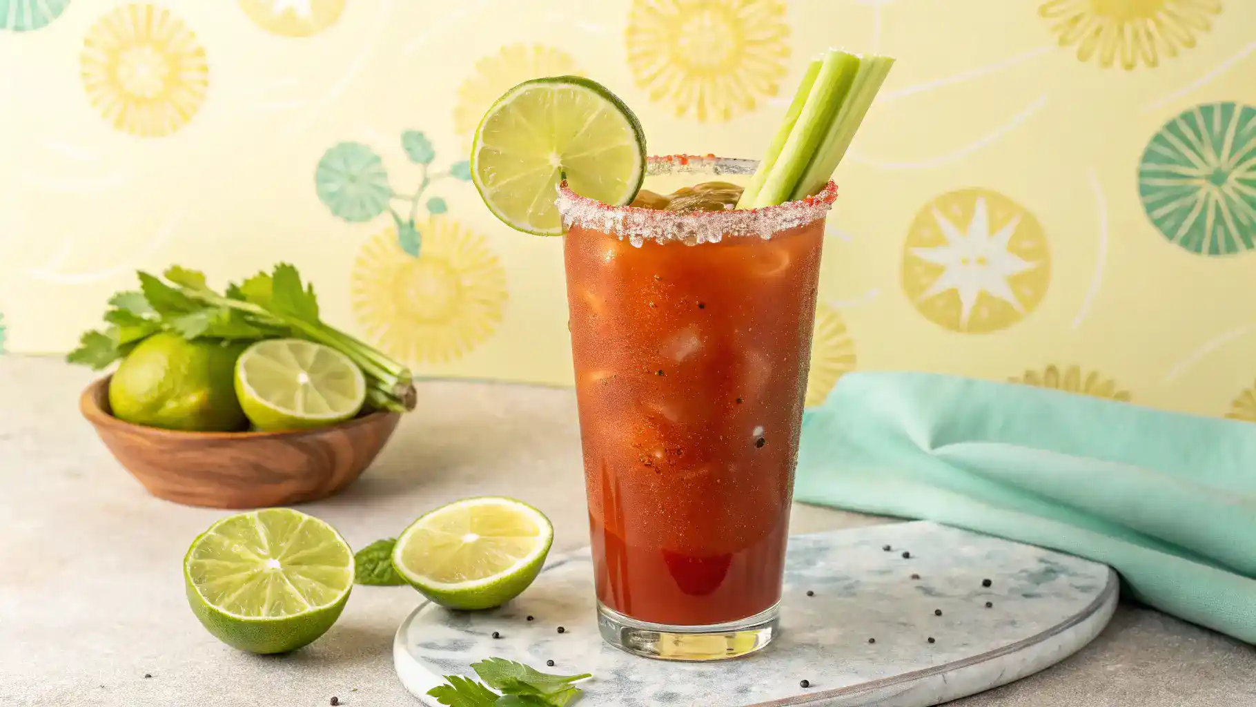 A finished Clamato drink garnished with lime and celery.