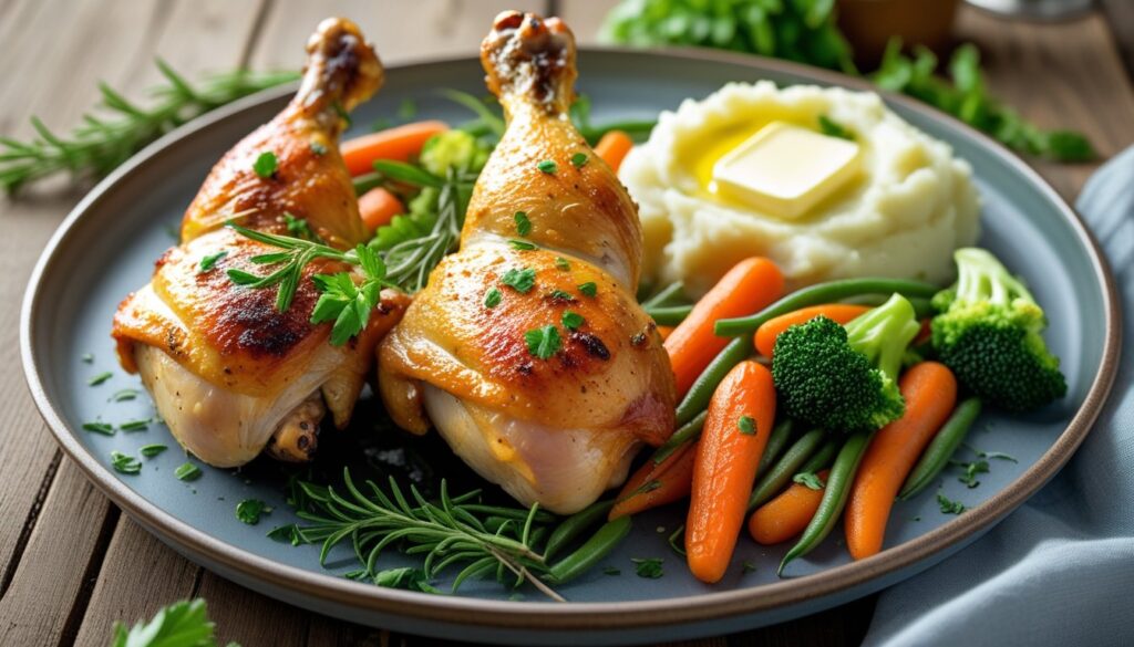 A delicious plate of baked chicken leg quarters garnished with herbs and served with mashed potatoes and vegetables.