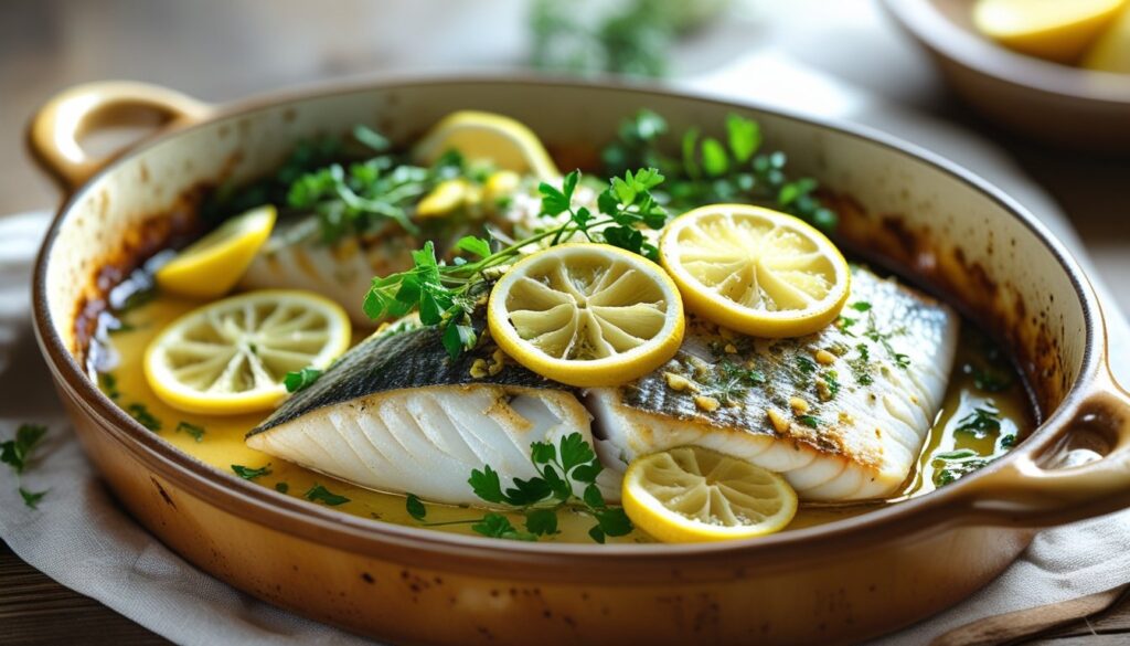 A beautifully baked white fish dish garnished with lemon slices and fresh herbs.