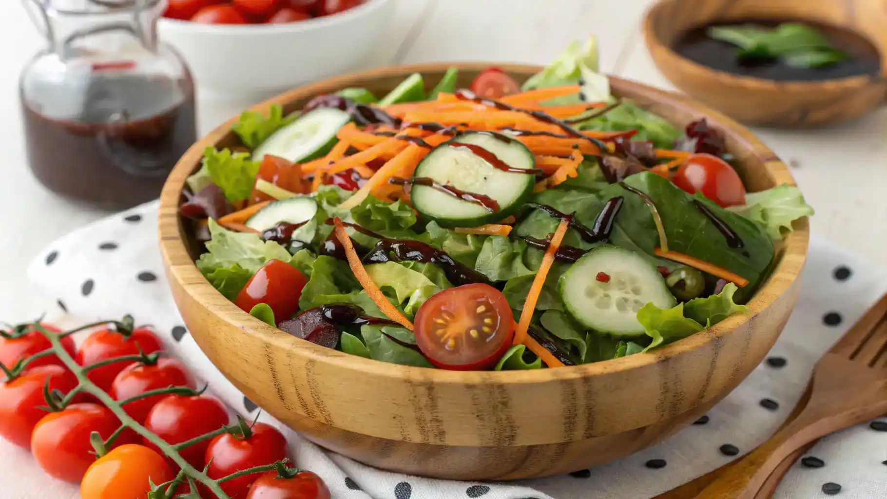 A bowl of fresh salad topped with balsamic vinaigrette.