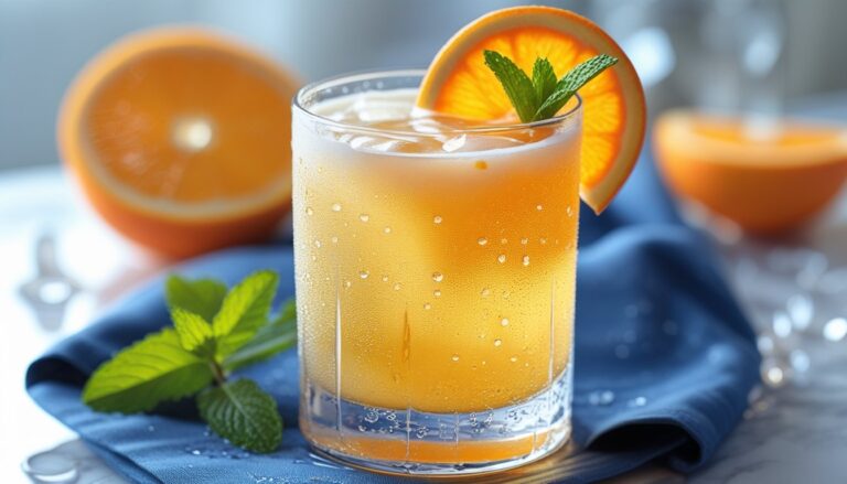 A beautifully presented Blue Moon Beer mocktail with garnishes.