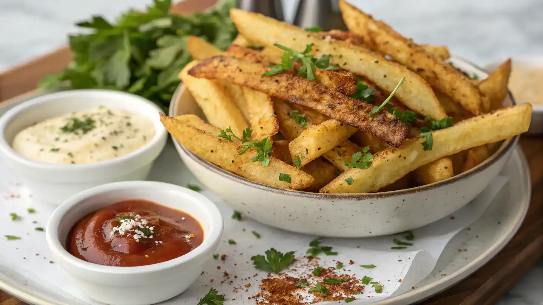 A delicious serving of crispy Cajun fries with dipping sauces.